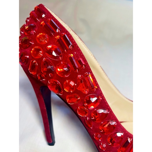 Liliana Ruby Red Jeweled Heels | Faux Suede Pointed Stiletto Dorothy Christmas - Picture 6 of 7